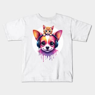Cute dog with headphones and a cute cat on his head for both cat and dog lovers Kids T-Shirt